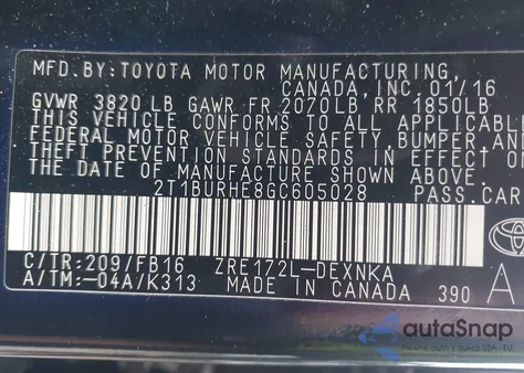 2016 Toyota Corolla Le z USA, uszkodzony, nr VIN 2T1BURHE8GC605028